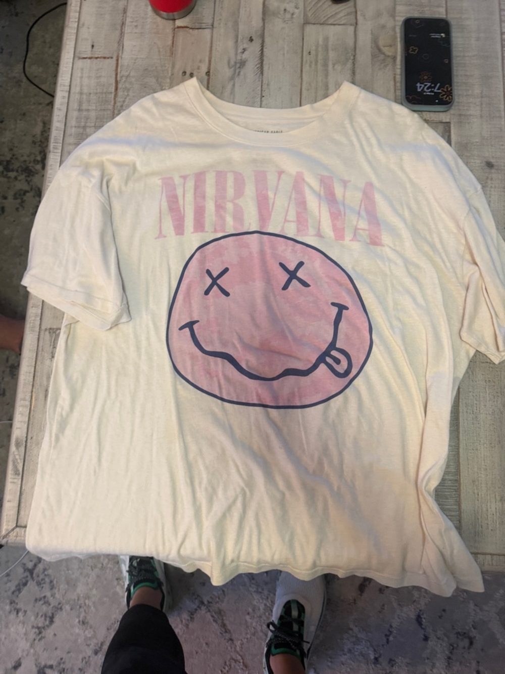 NIRVANA Cream Tee with Pink Smiley Logo